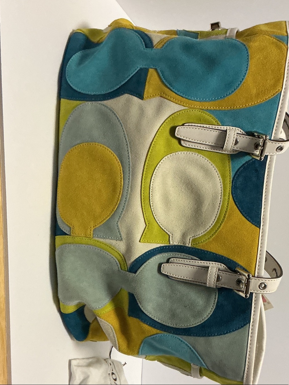 Coach Multicolor Suede Patchwork Tote — Teal, Aqua, Lime, Mustard & White - Picture 4 of 10